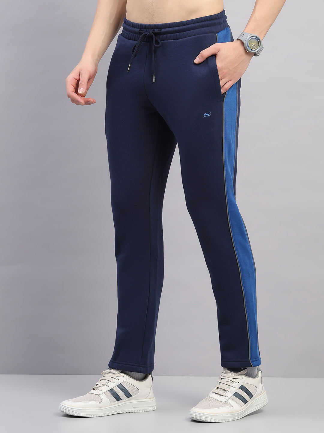 Men Navy Blue Self Design Stand Collar Full Sleeve Winter Tracksuit