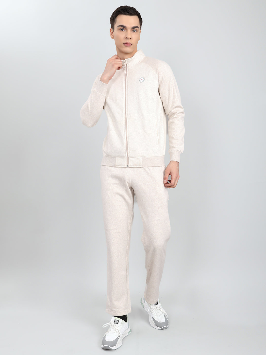 Men Cream Stripe Round Neck Full Sleeve Winter Tracksuit