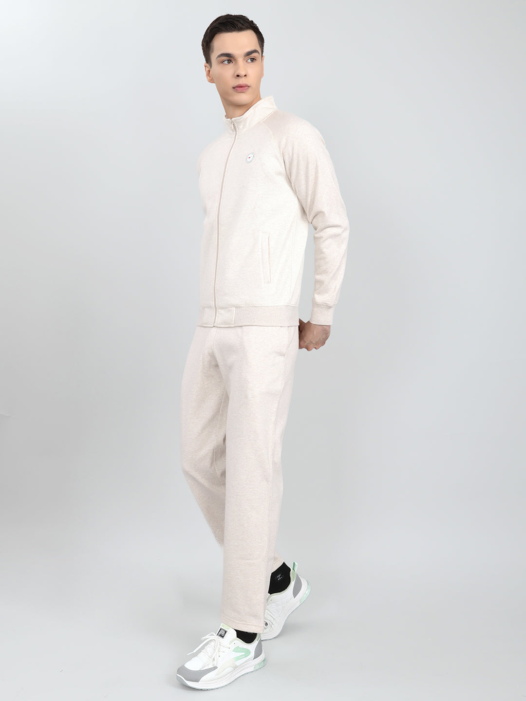 Men Cream Stripe Round Neck Full Sleeve Winter Tracksuit