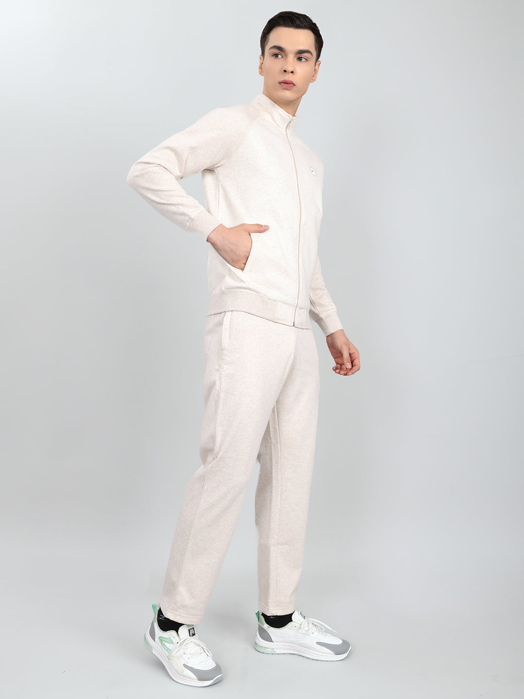 Men Cream Stripe Round Neck Full Sleeve Winter Tracksuit