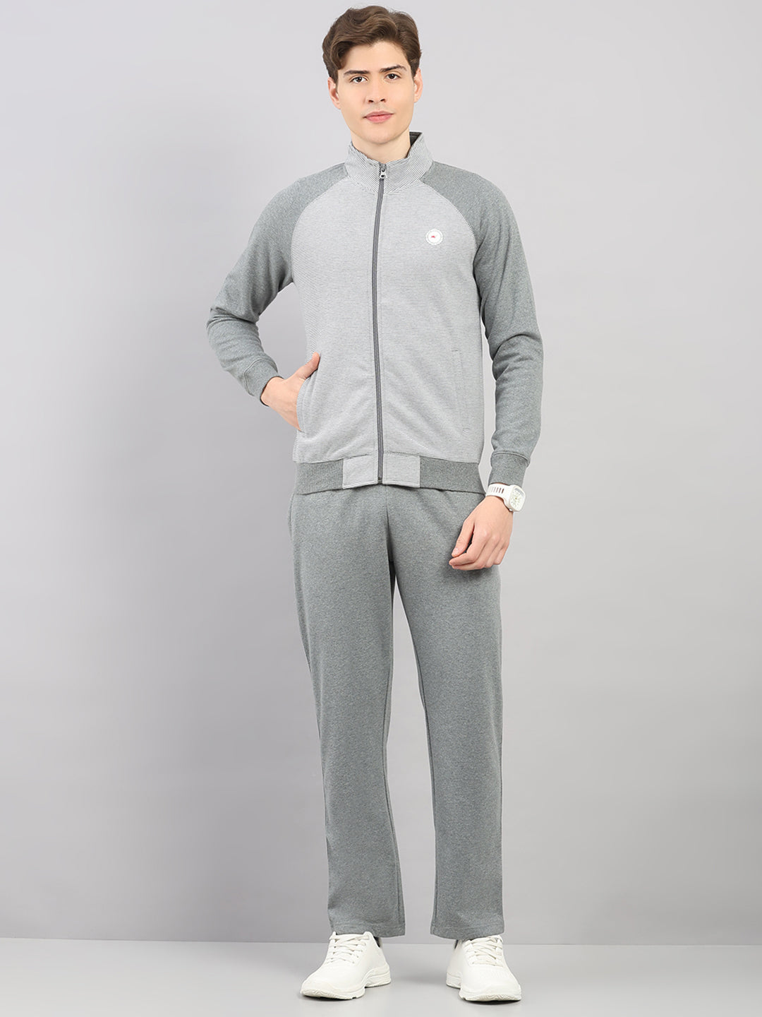Men Grey Stripe Stand Collar Full Sleeve Winter Tracksuit
