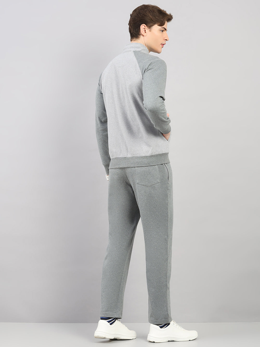 Men Grey Stripe Stand Collar Full Sleeve Winter Tracksuit