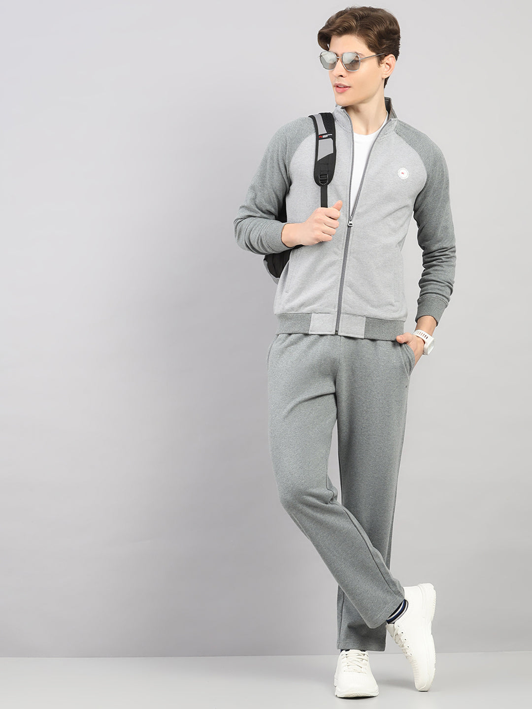 Men Grey Stripe Stand Collar Full Sleeve Winter Tracksuit