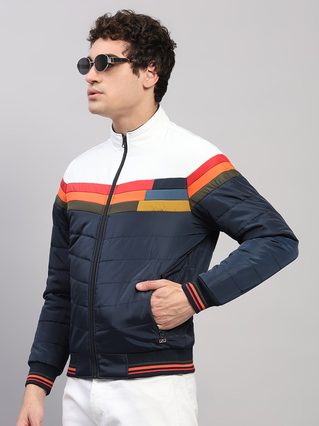 Men Navy Blue Solid Collar Full Sleeve Jacket