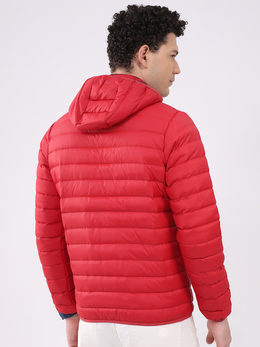 Men Red Solid Hooded Full Sleeve Jacket