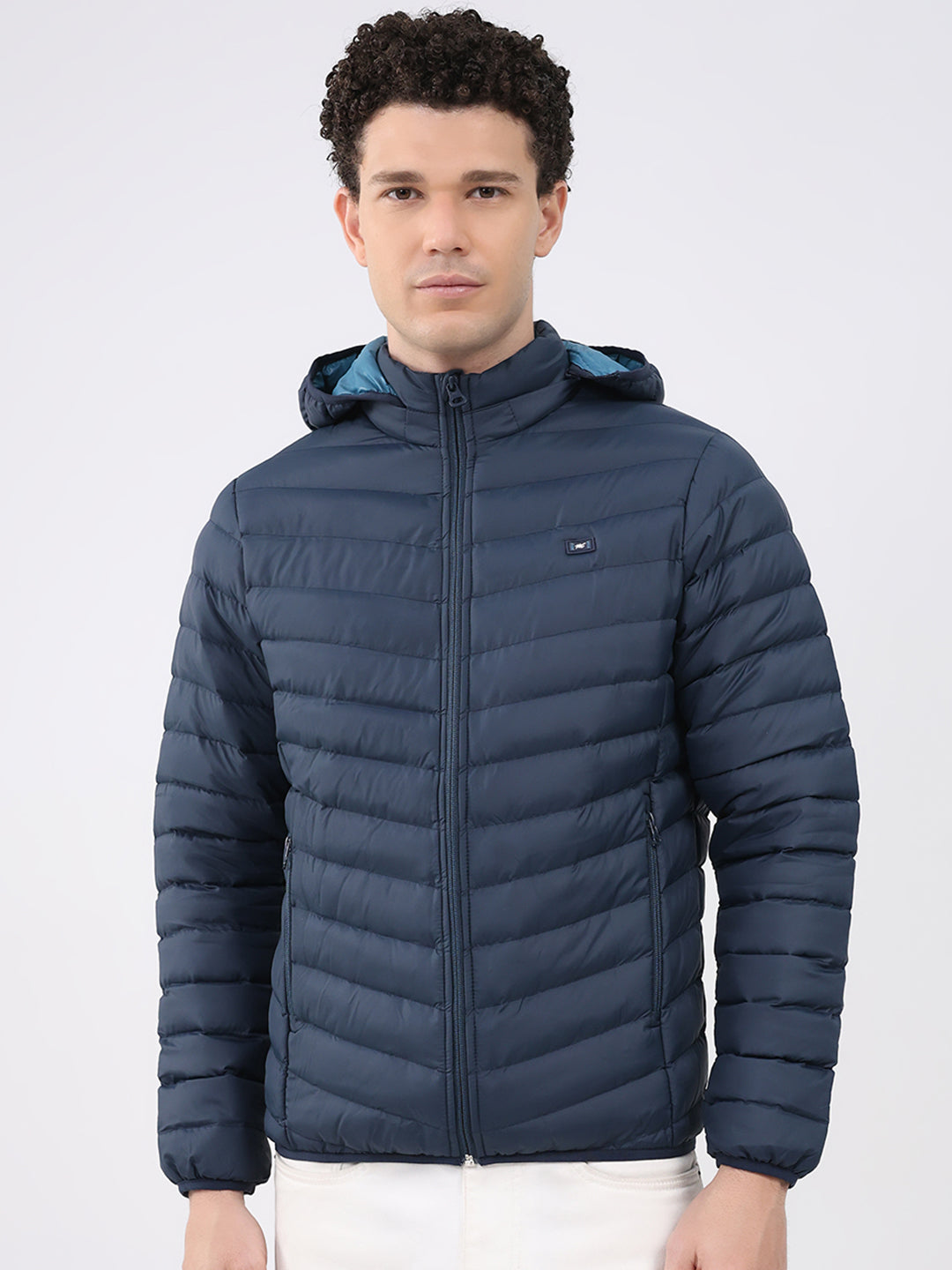 Men Navy Blue Solid Hooded Full Sleeve Jacket