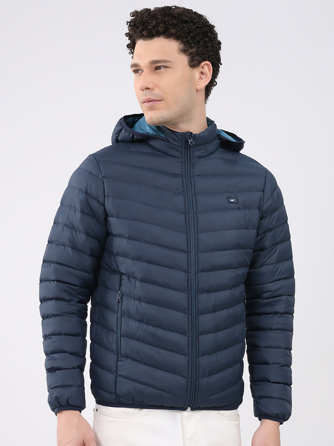 Men Navy Blue Solid Hooded Full Sleeve Jacket