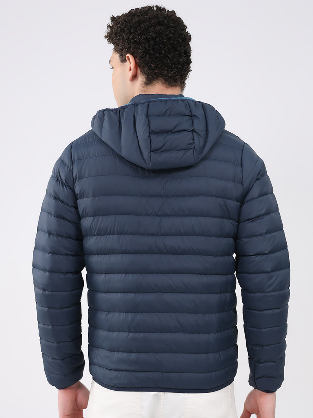 Men Navy Blue Solid Hooded Full Sleeve Jacket