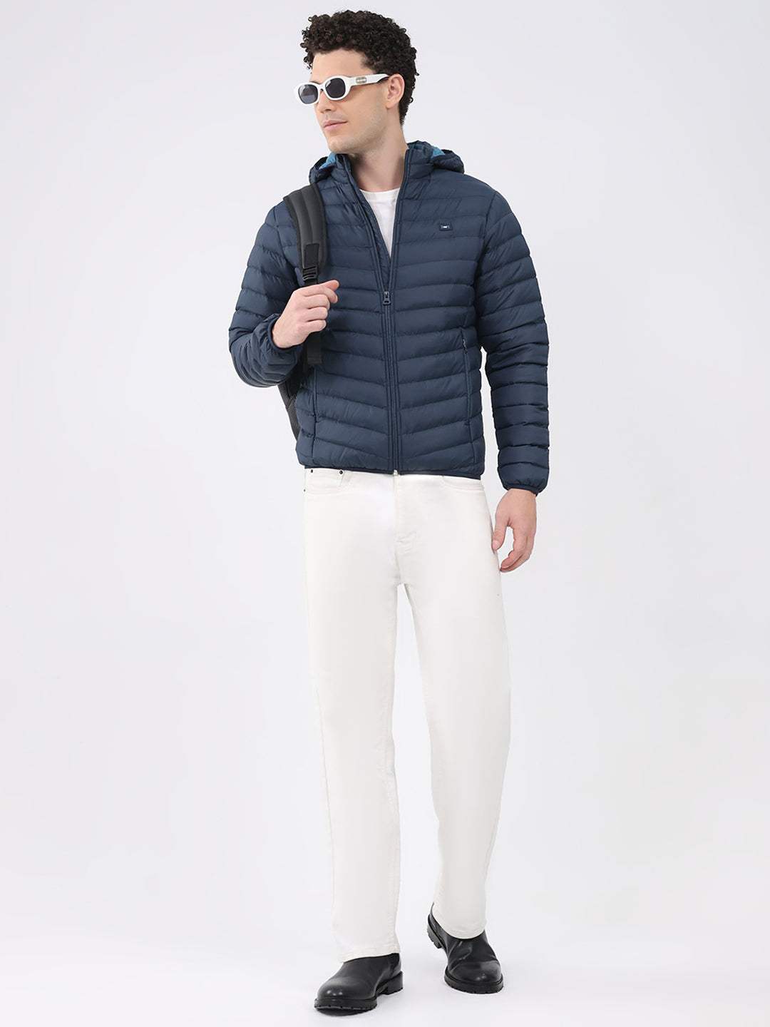 Men Navy Blue Solid Hooded Full Sleeve Jacket