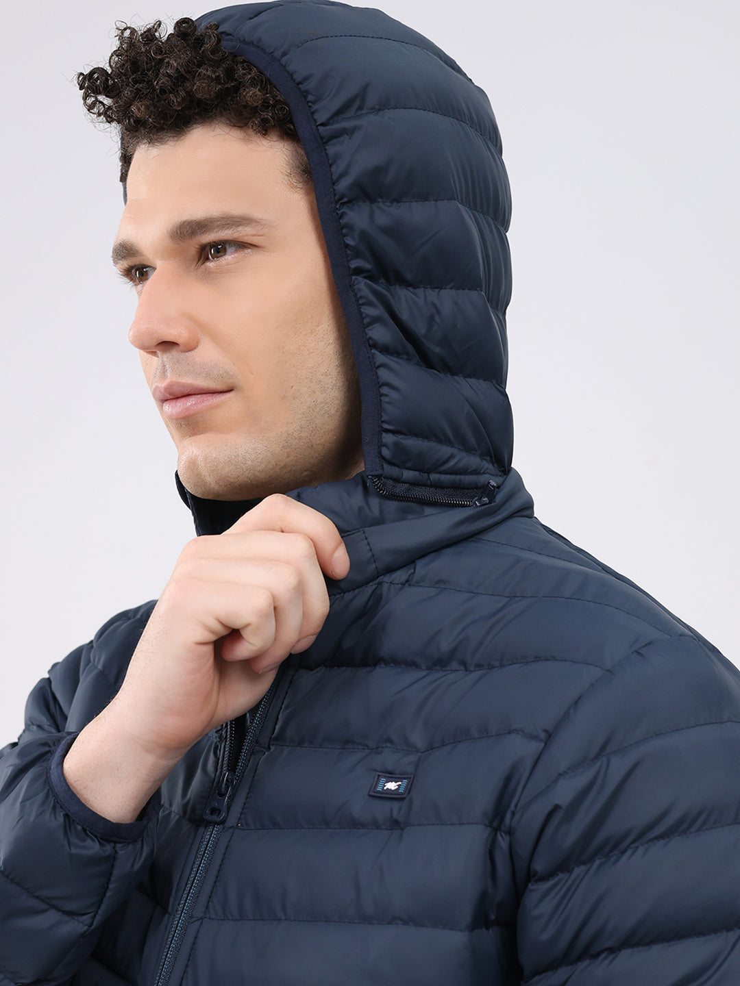 Men Navy Blue Solid Hooded Full Sleeve Jacket
