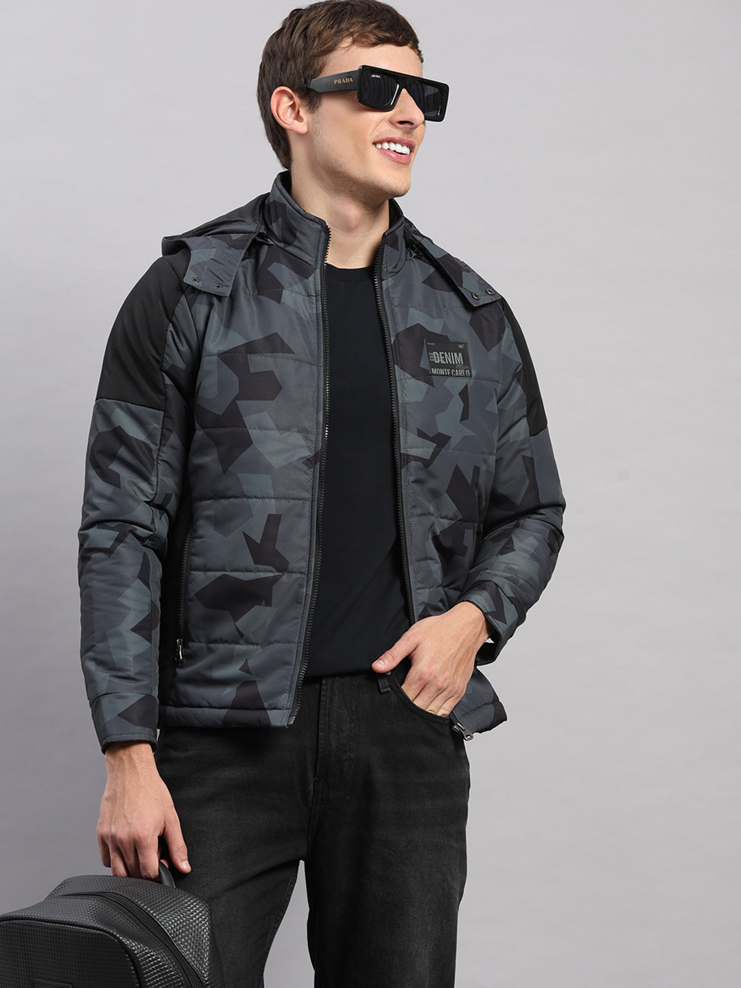 Men Black Printed Hooded Full Sleeve Jacket