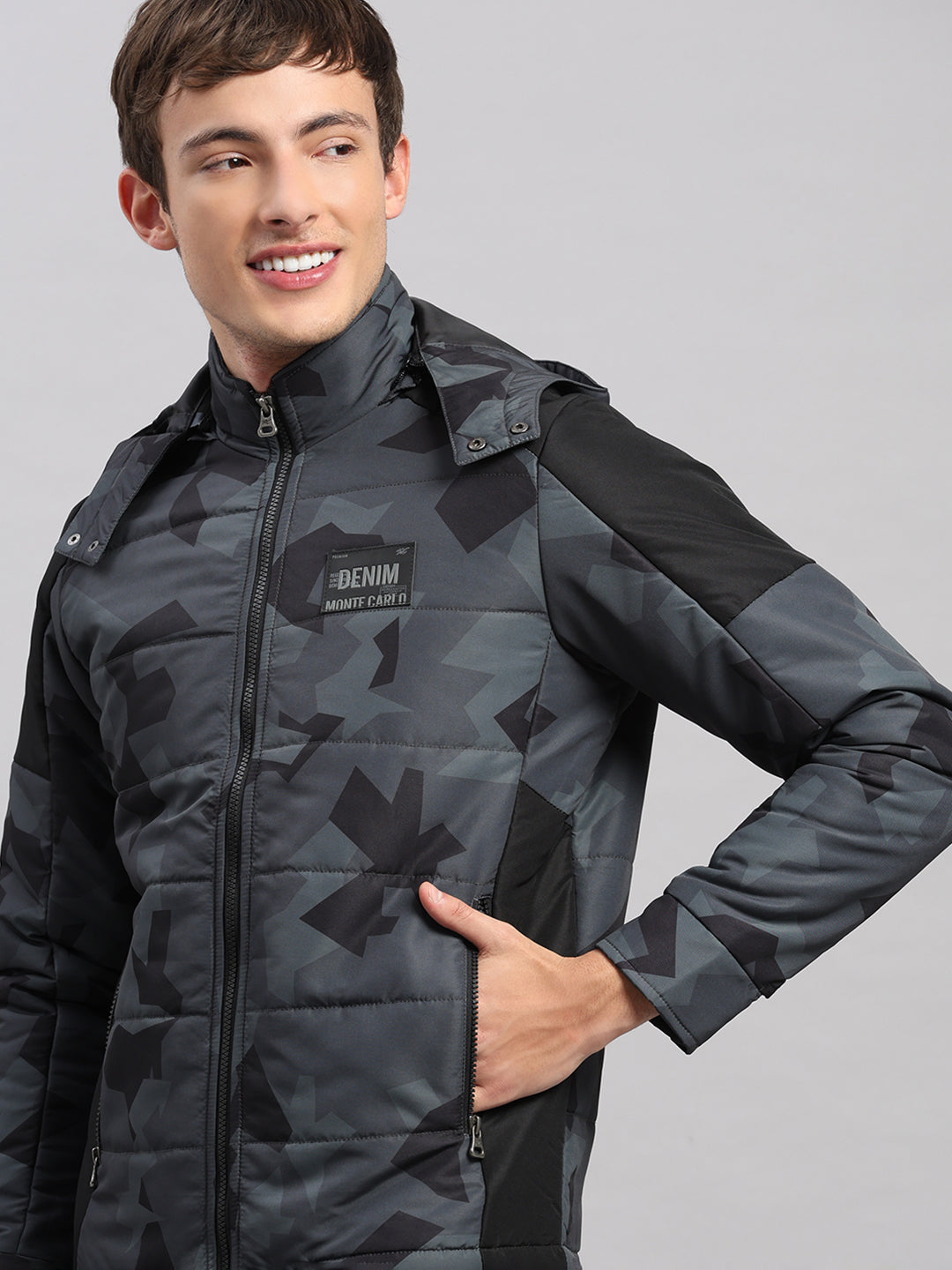 Men Black Printed Hooded Full Sleeve Jacket