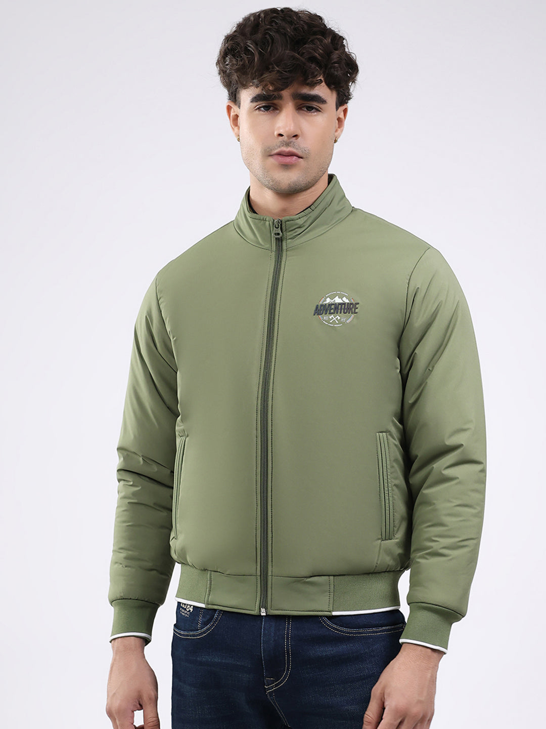 Men Olive Solid Mock Neck Full Sleeve Jacket