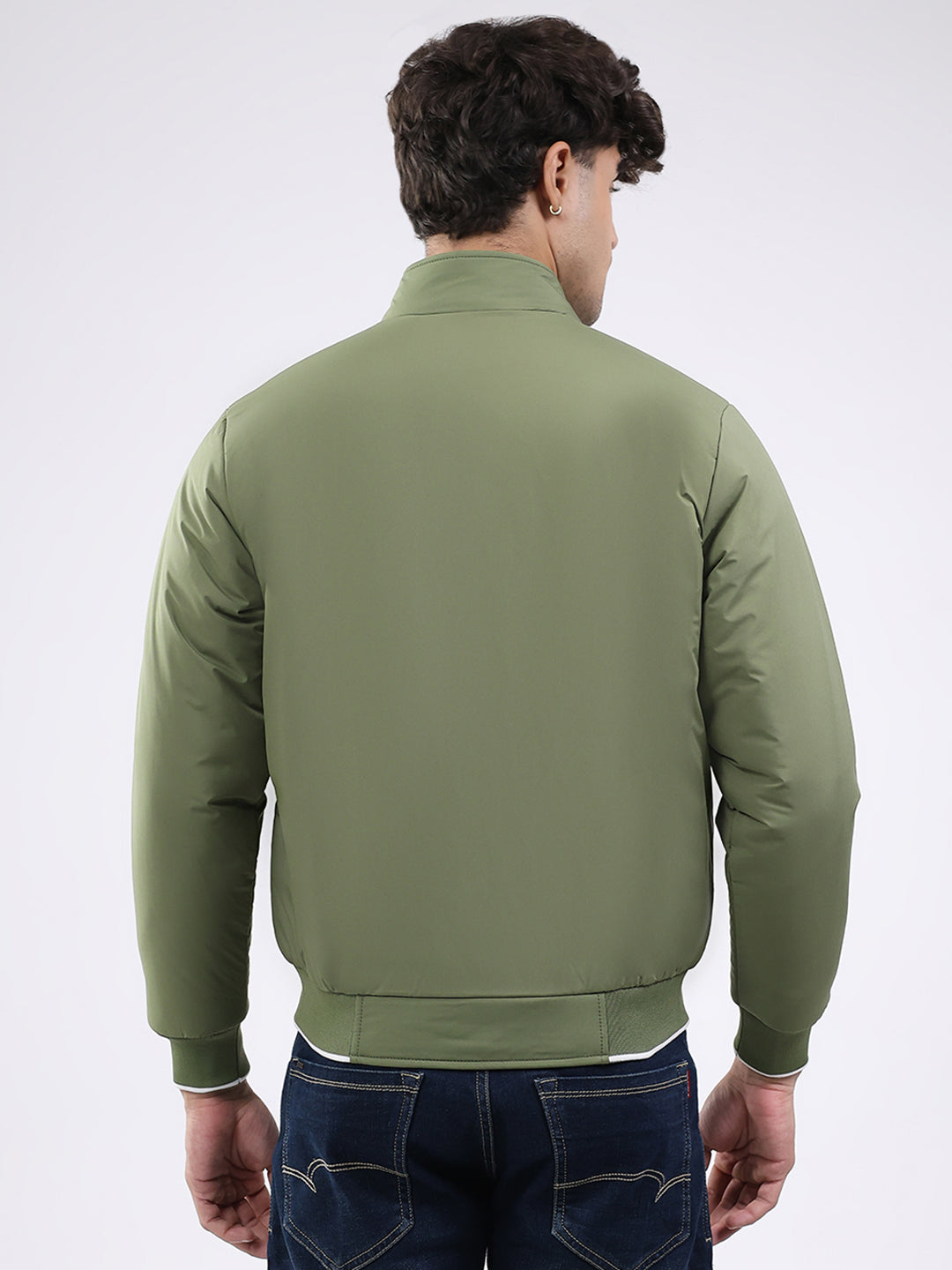 Men Olive Solid Mock Neck Full Sleeve Jacket