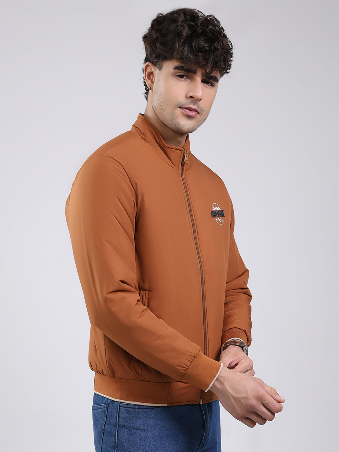 Men Tan Solid Mock Neck Full Sleeve Jacket
