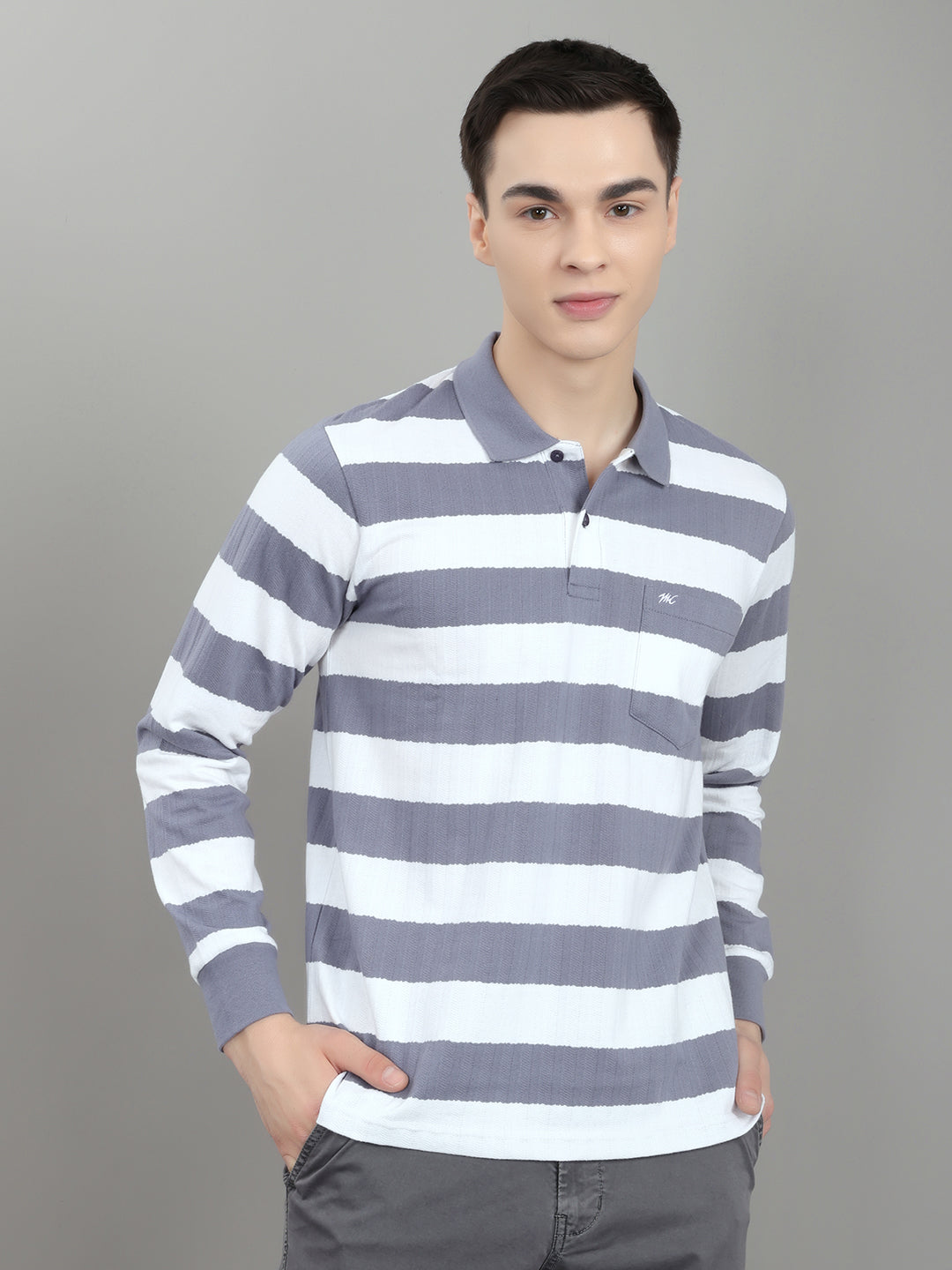 Men Grey Stripe Collar Full Sleeve Winter T-Shirt