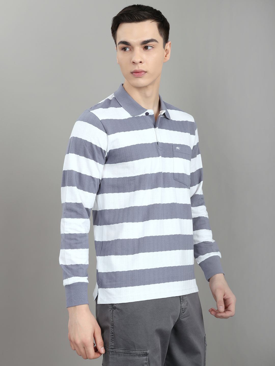 Men Grey Stripe Collar Full Sleeve Winter T-Shirt