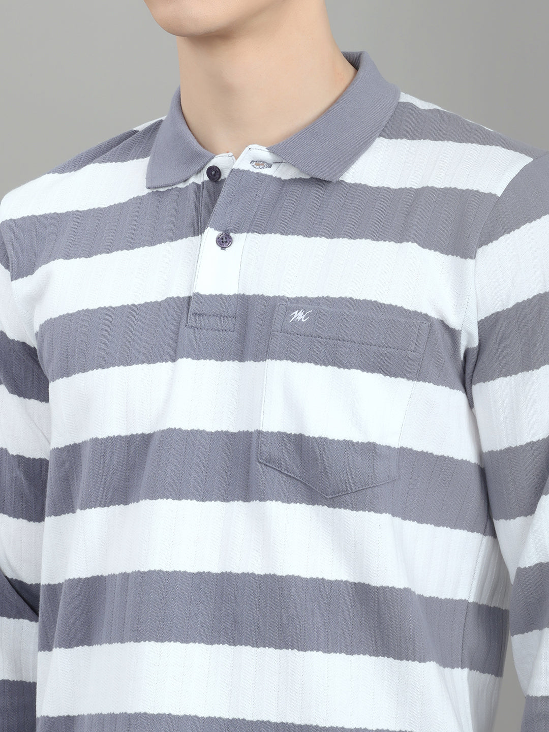 Men Grey Stripe Collar Full Sleeve Winter T-Shirt
