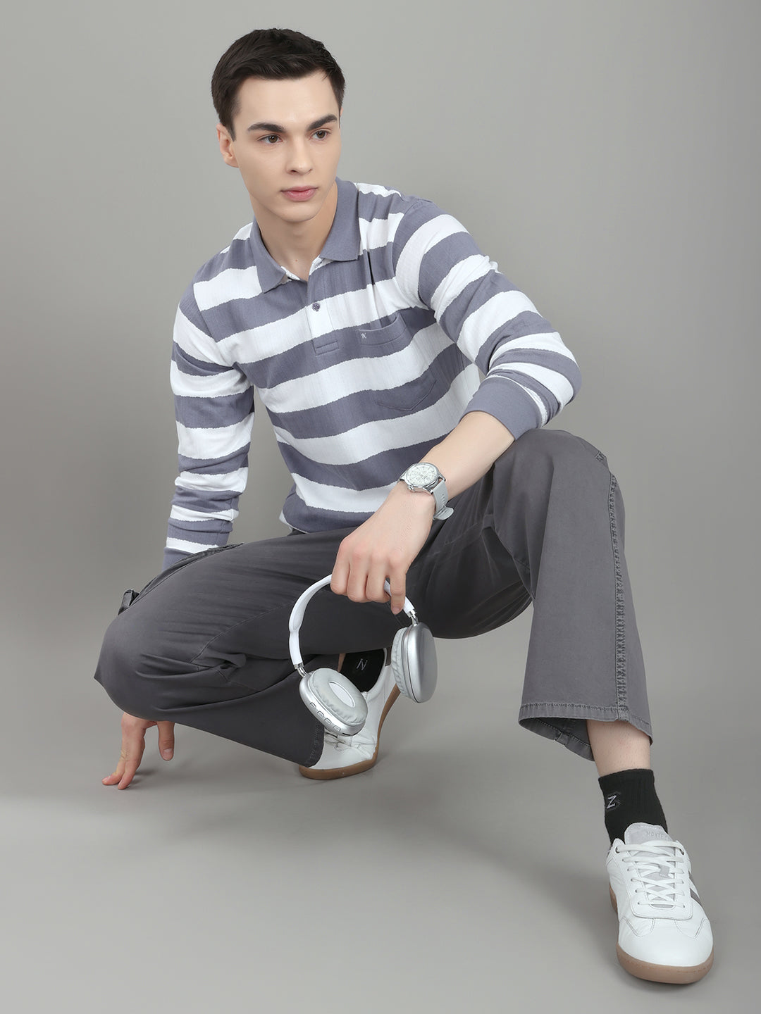 Men Grey Stripe Collar Full Sleeve Winter T-Shirt