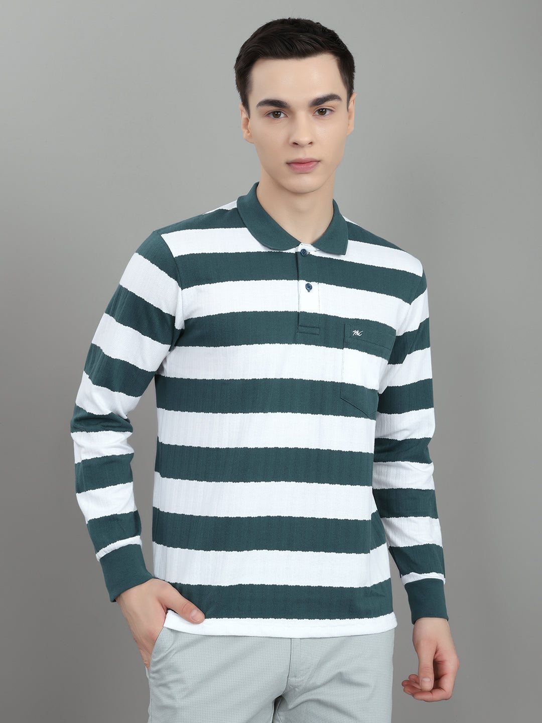 Men Green Stripe Collar Full Sleeve Winter T-Shirt