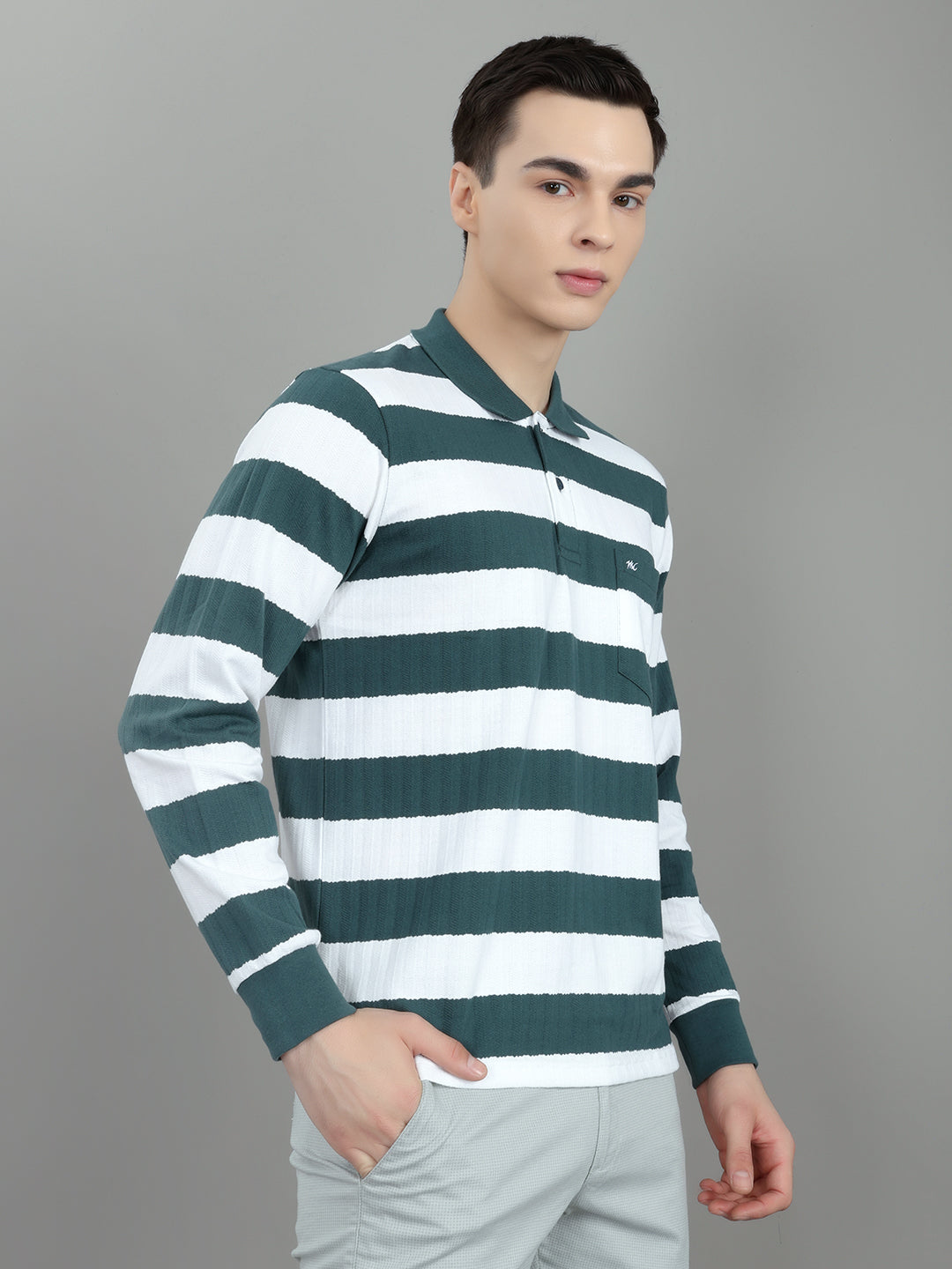 Men Green Stripe Collar Full Sleeve Winter T-Shirt