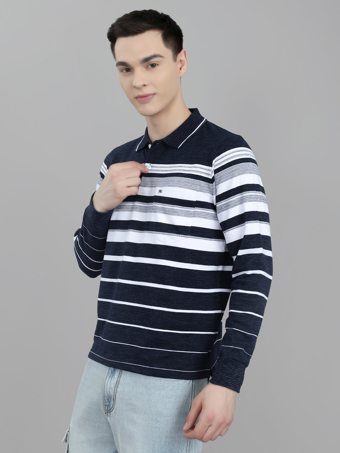 Men Navy Blue Stripe Collar Full Sleeve Winter T-Shirt