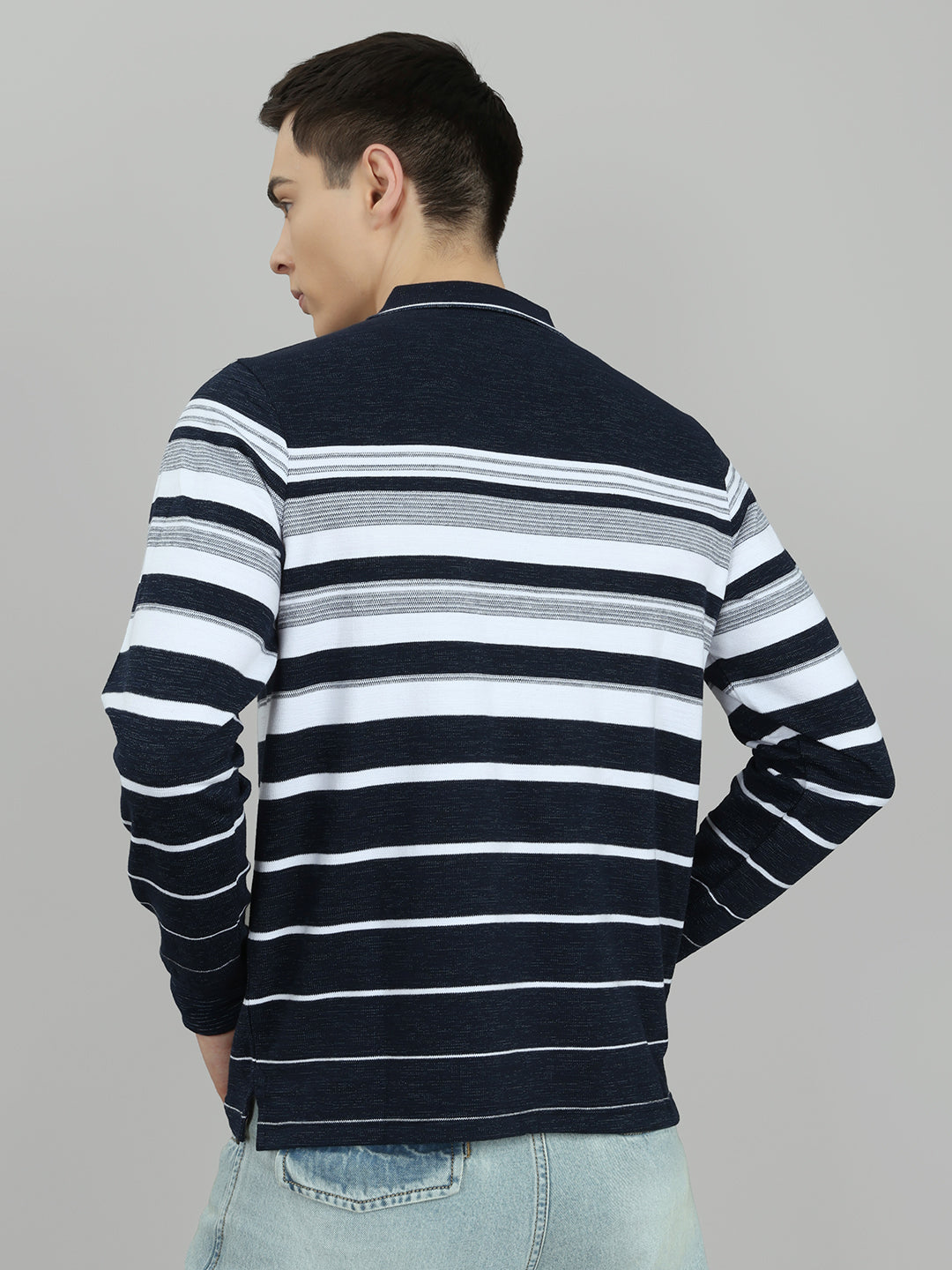 Men Navy Blue Stripe Collar Full Sleeve Winter T-Shirt