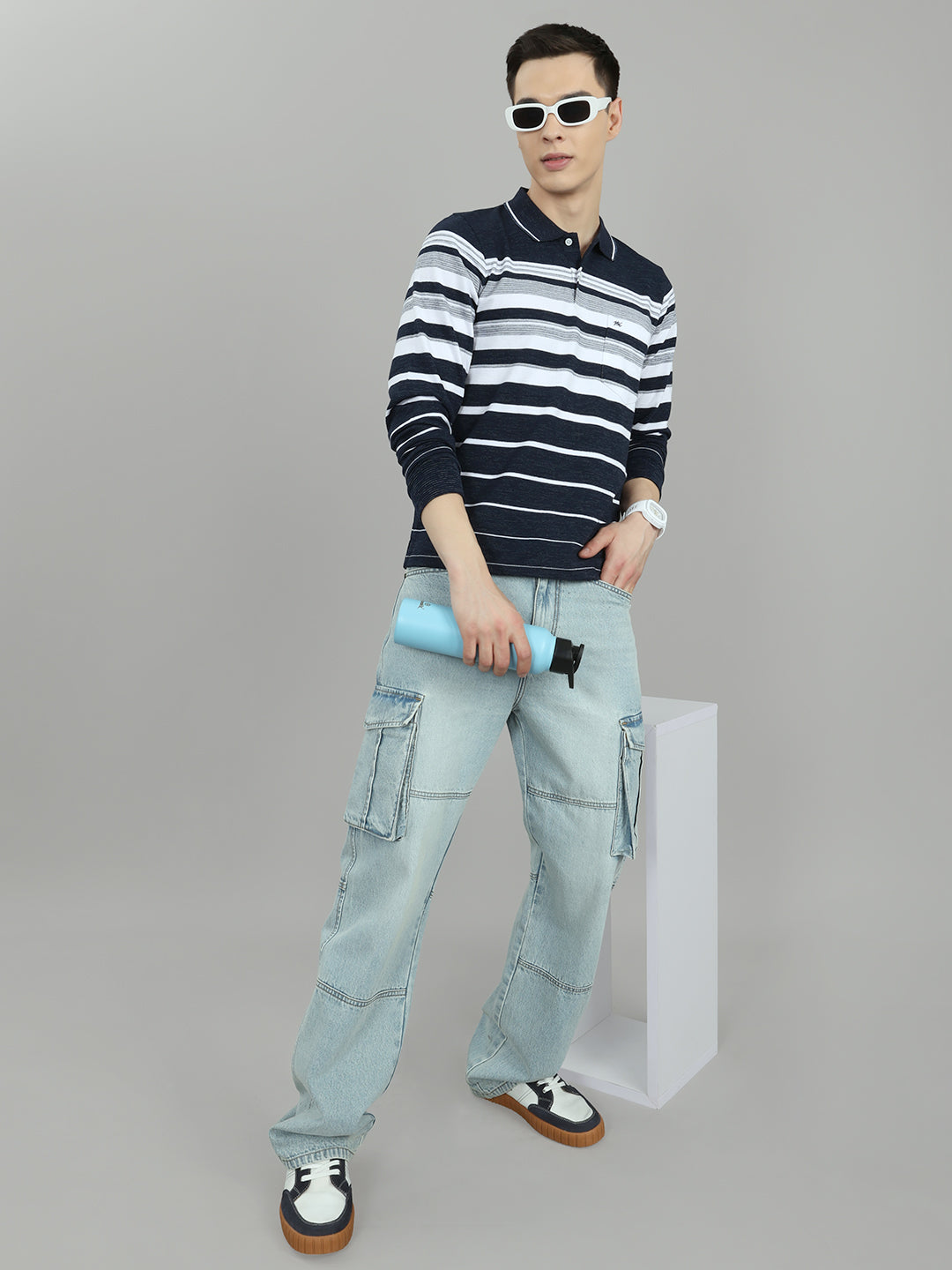 Men Navy Blue Stripe Collar Full Sleeve Winter T-Shirt