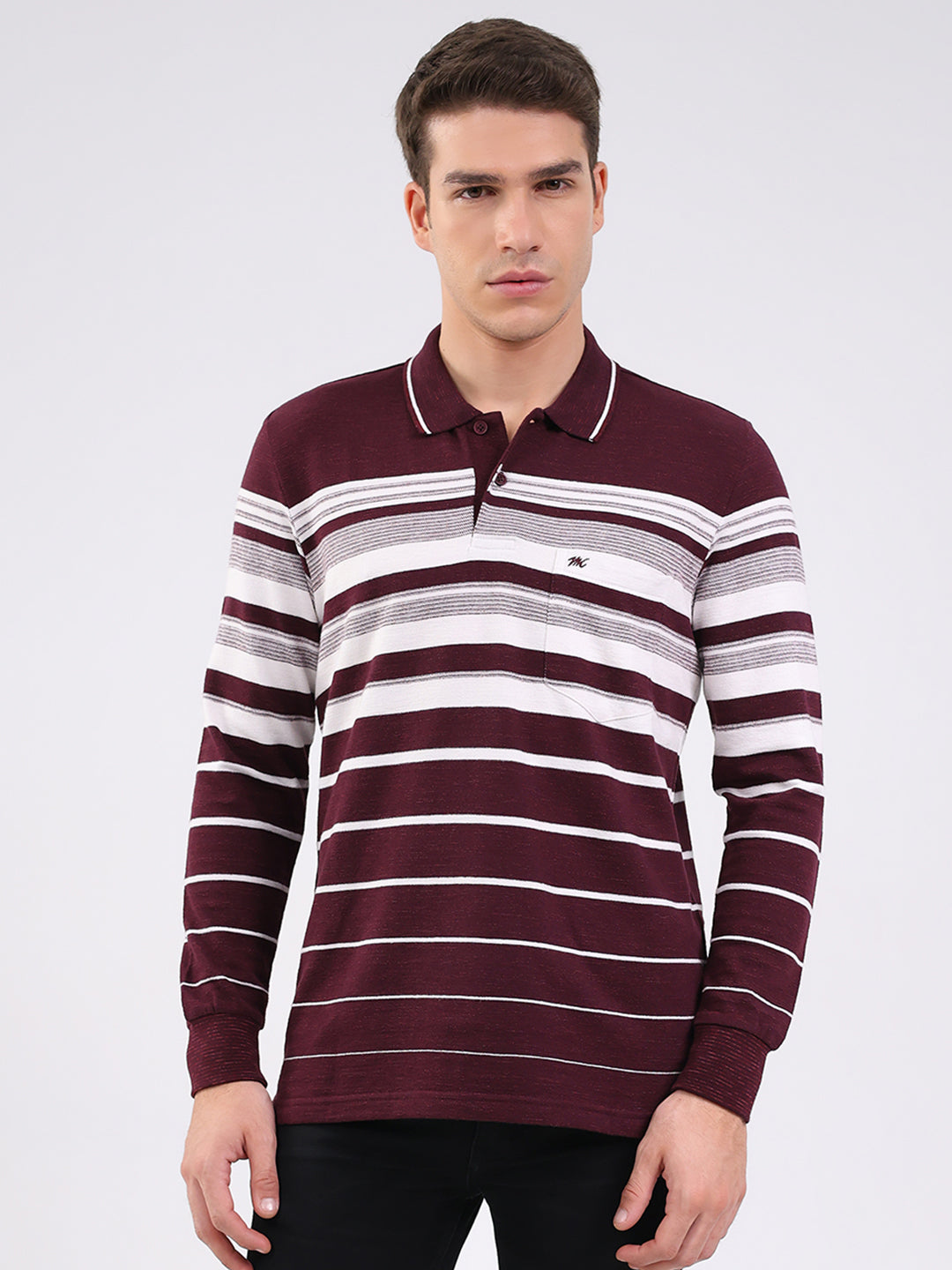 Men Maroon Stripe Collar Full Sleeve Winter T-Shirt
