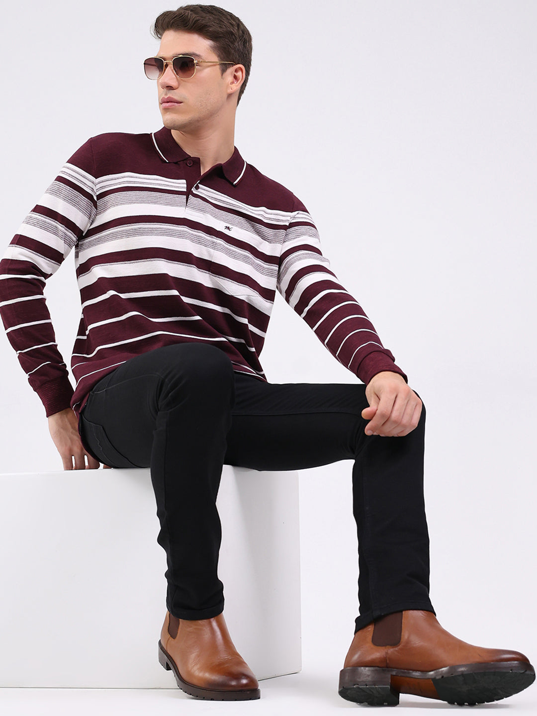 Men Maroon Stripe Collar Full Sleeve Winter T-Shirt