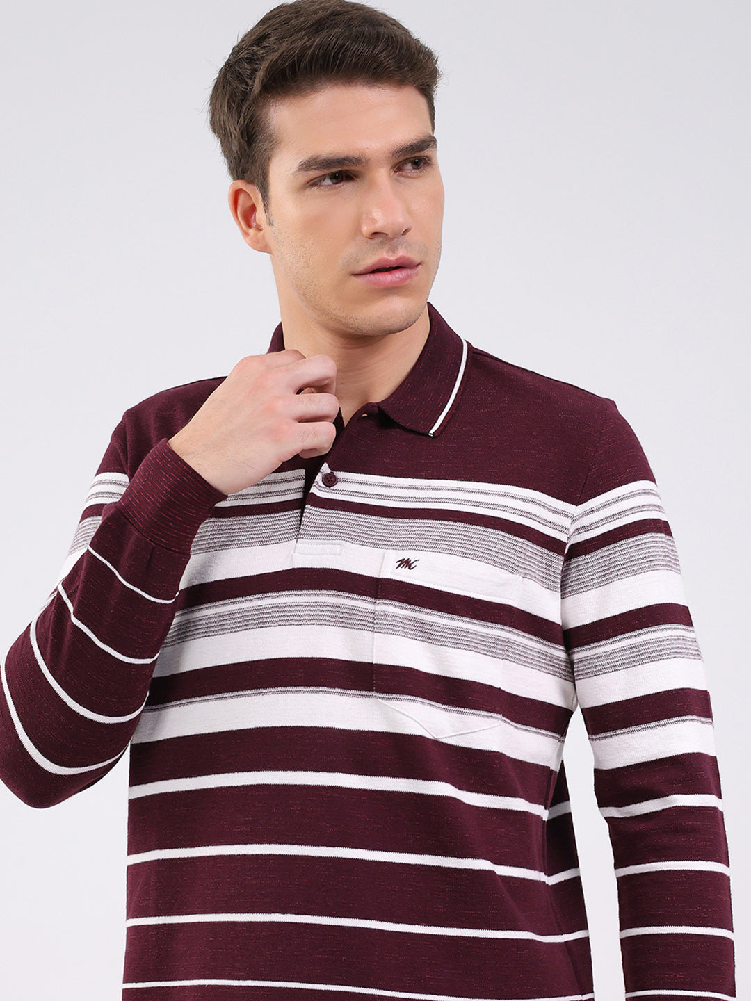 Men Maroon Stripe Collar Full Sleeve Winter T-Shirt