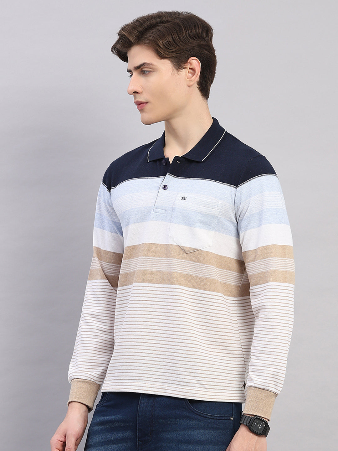 Men Sky Blue Stripe Polo Collar Full Sleeve Winter T-Shirt