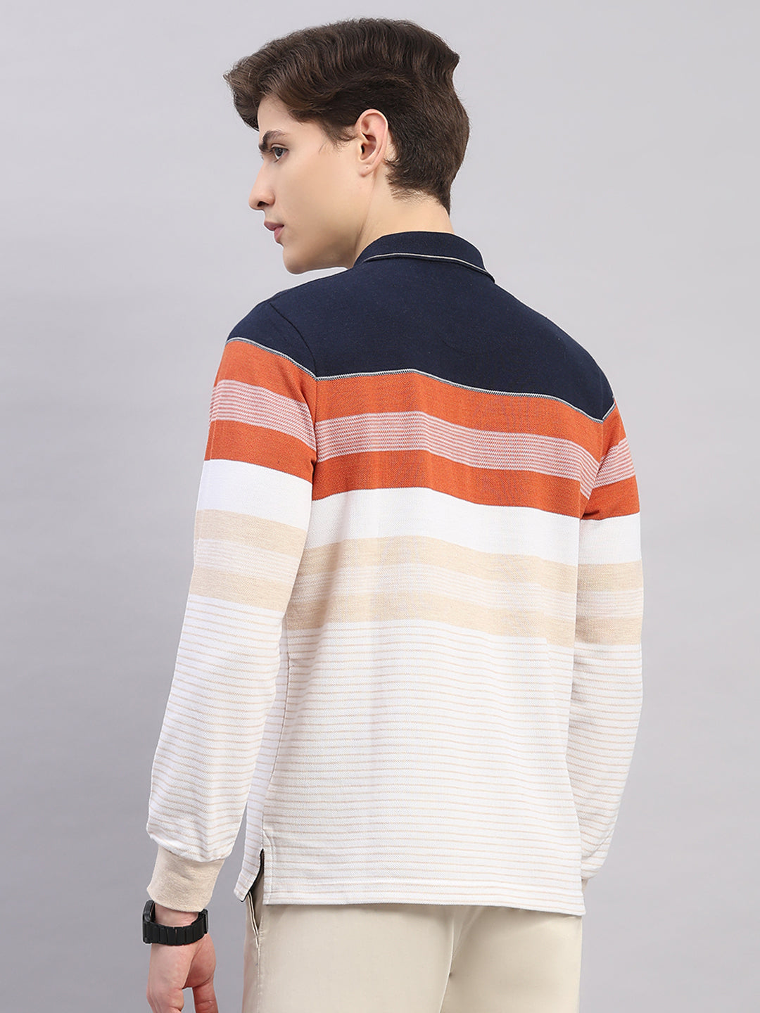 Men Rust Stripe Polo Collar Full Sleeve Winter T-Shirt