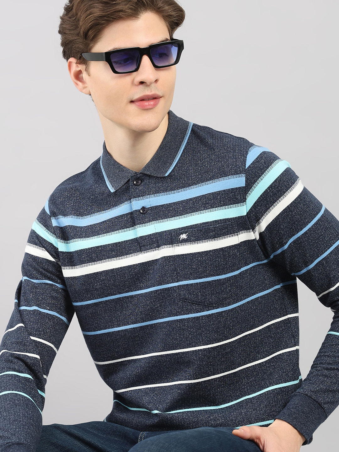 Men Navy Blue Stripe Polo Collar Full Sleeve Winter T-Shirt