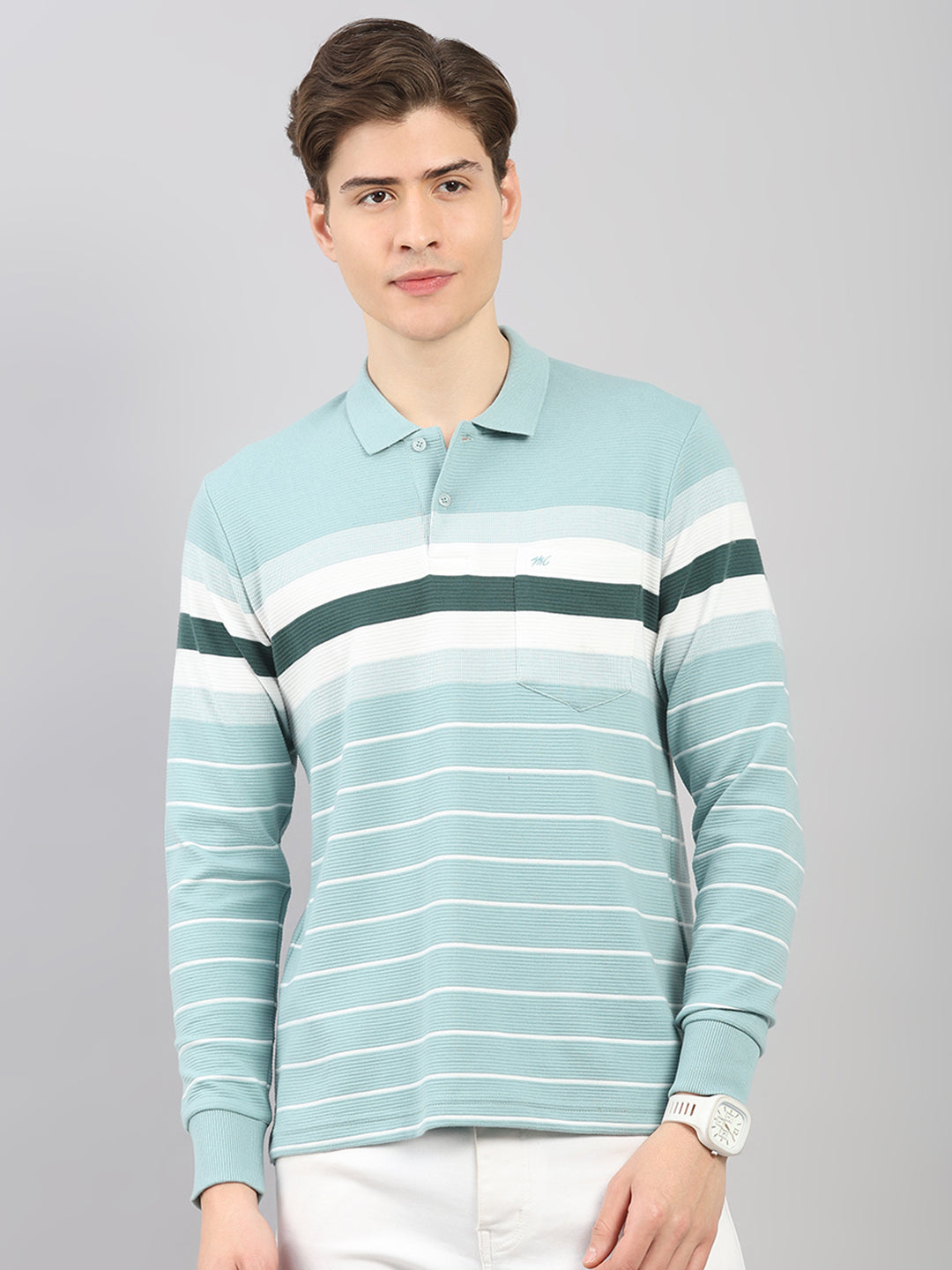 Men Green Stripe Polo Collar Full Sleeve Winter T-Shirt