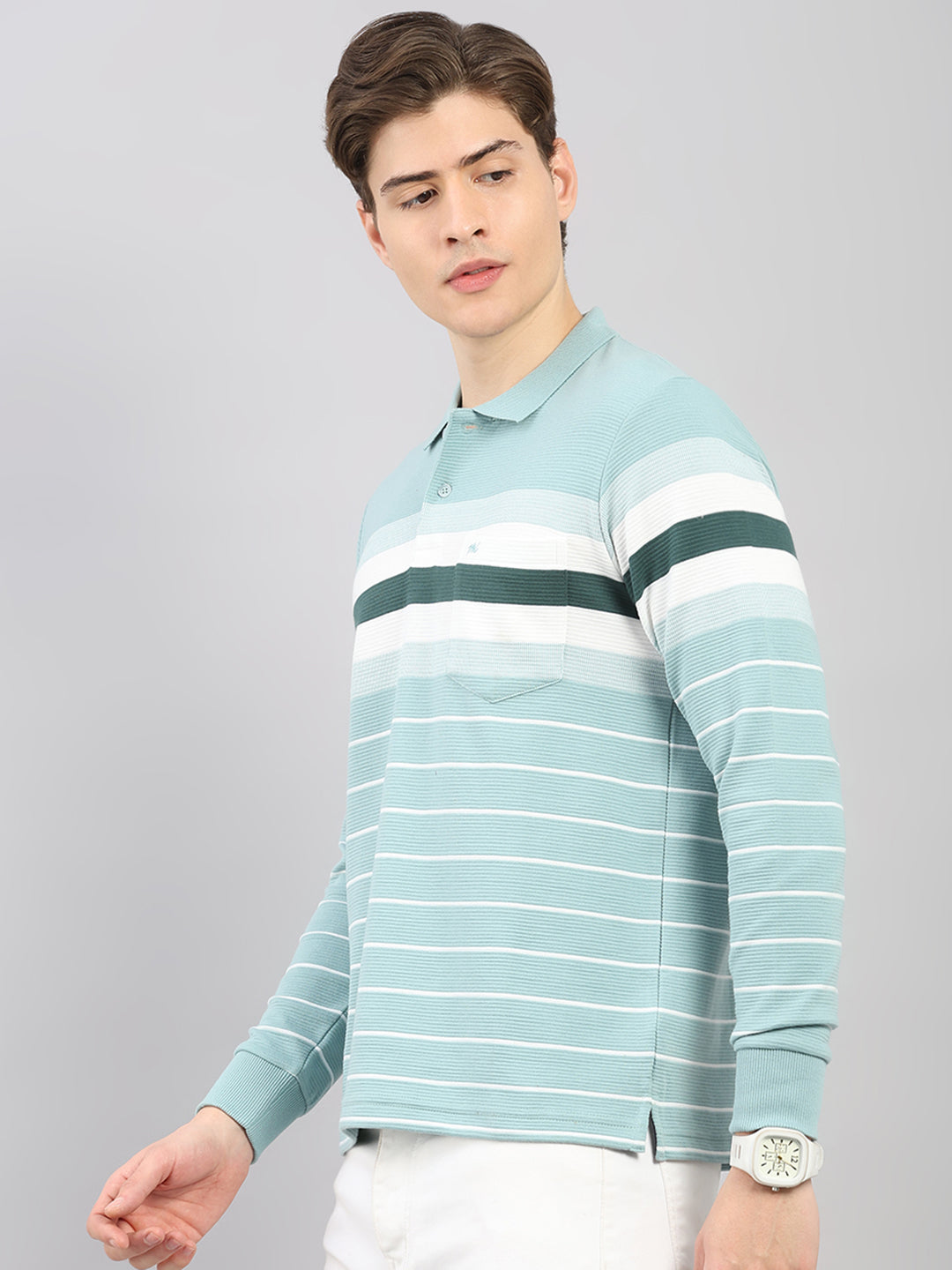 Men Green Stripe Polo Collar Full Sleeve Winter T-Shirt
