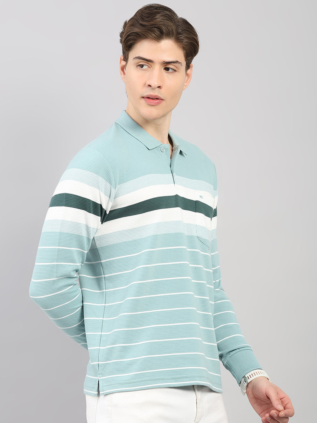 Men Green Stripe Polo Collar Full Sleeve Winter T-Shirt