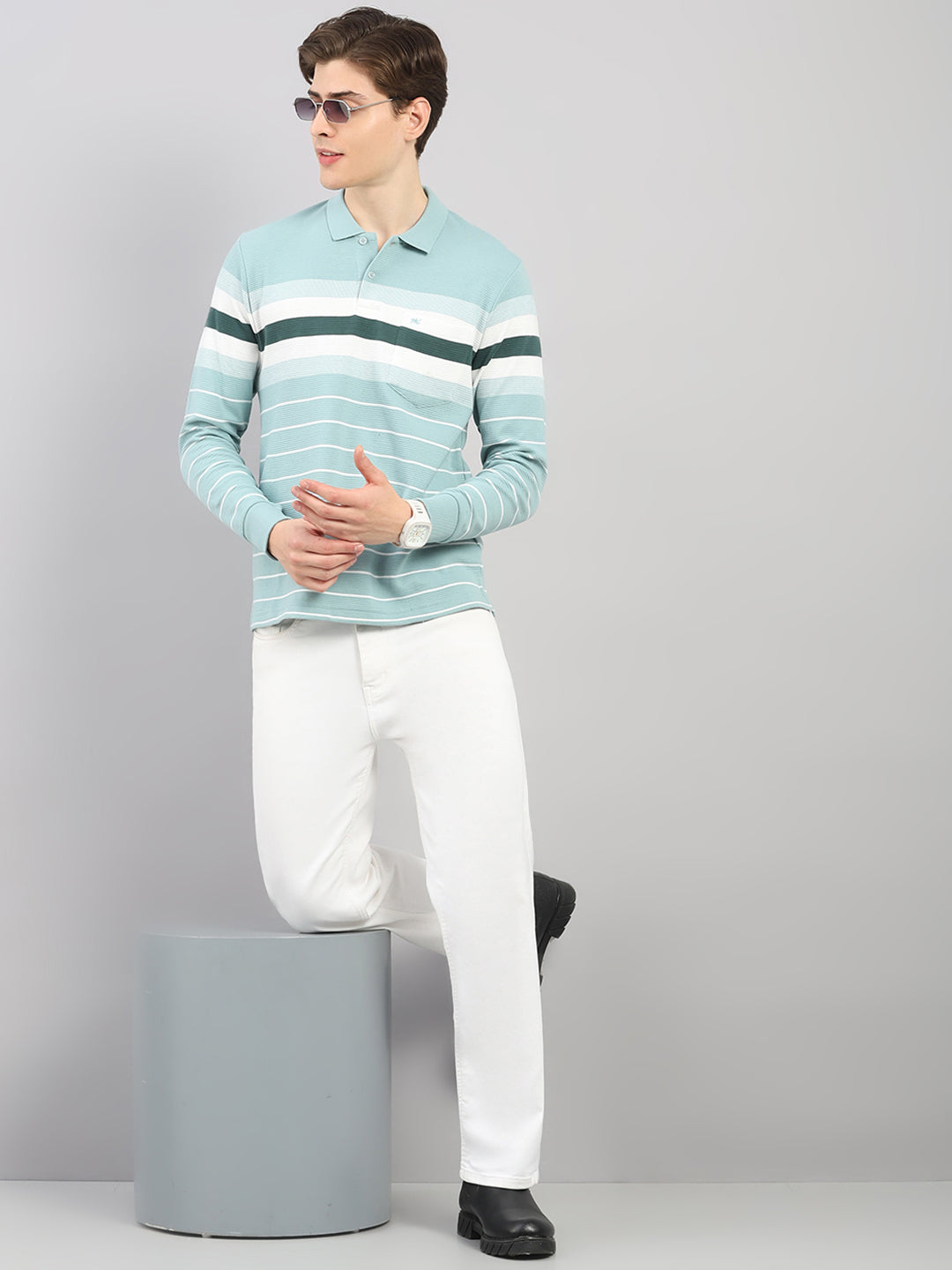 Men Green Stripe Polo Collar Full Sleeve Winter T-Shirt