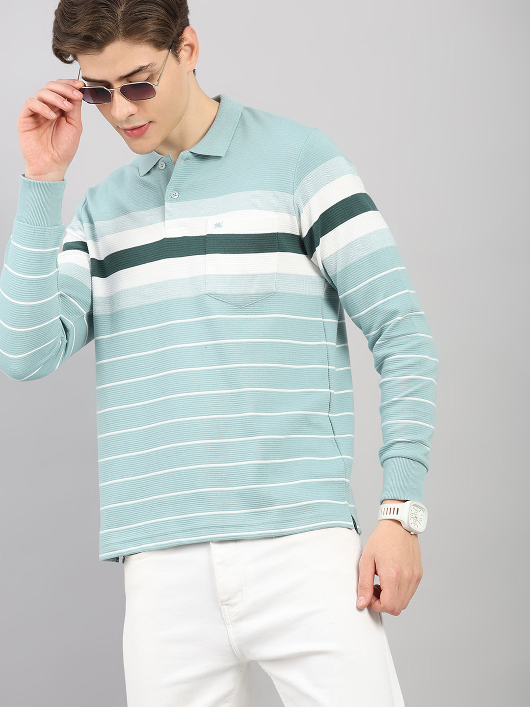 Men Green Stripe Polo Collar Full Sleeve Winter T-Shirt