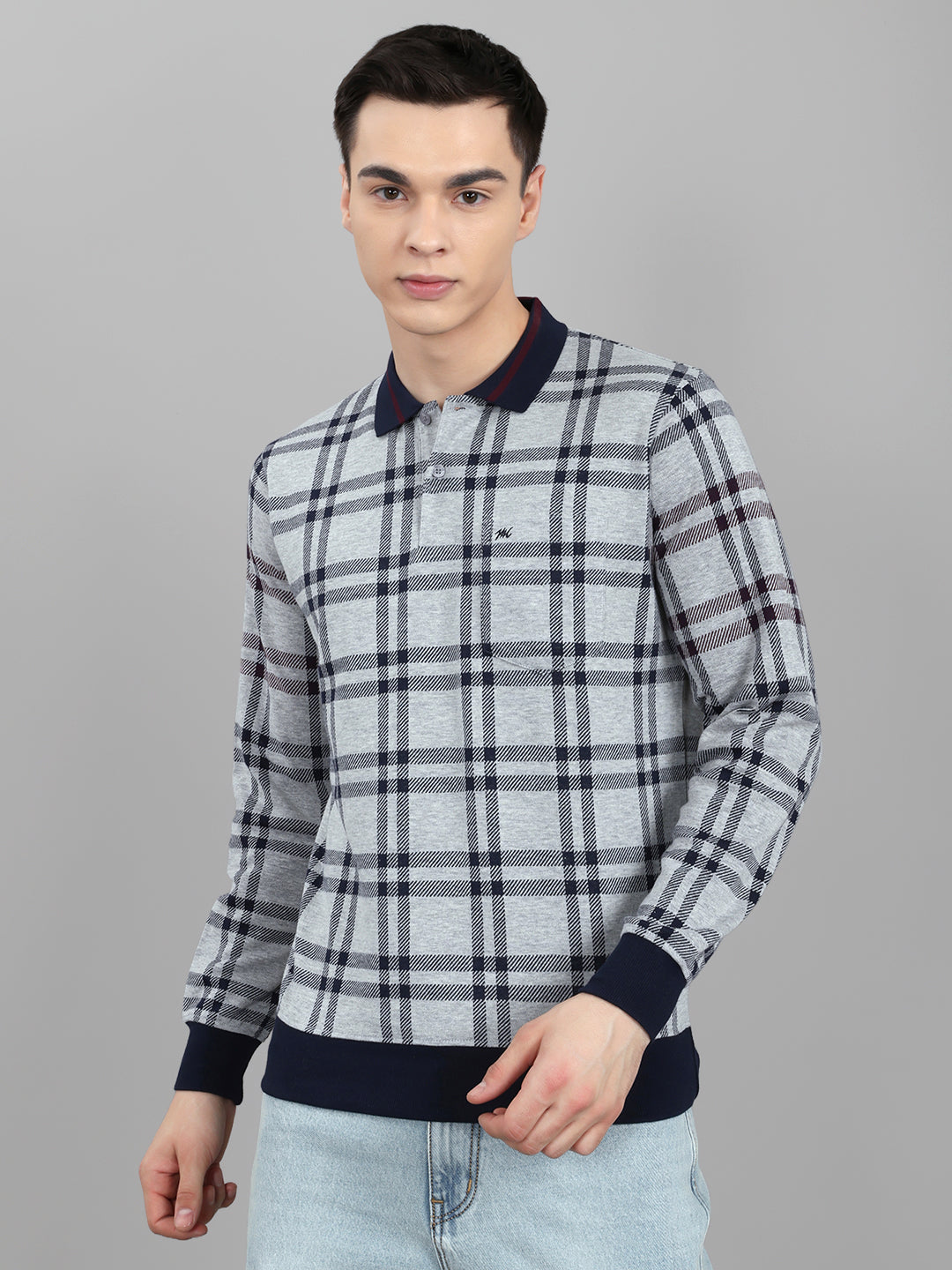 Men Grey Stripe Collar Full Sleeve Winter T-Shirt