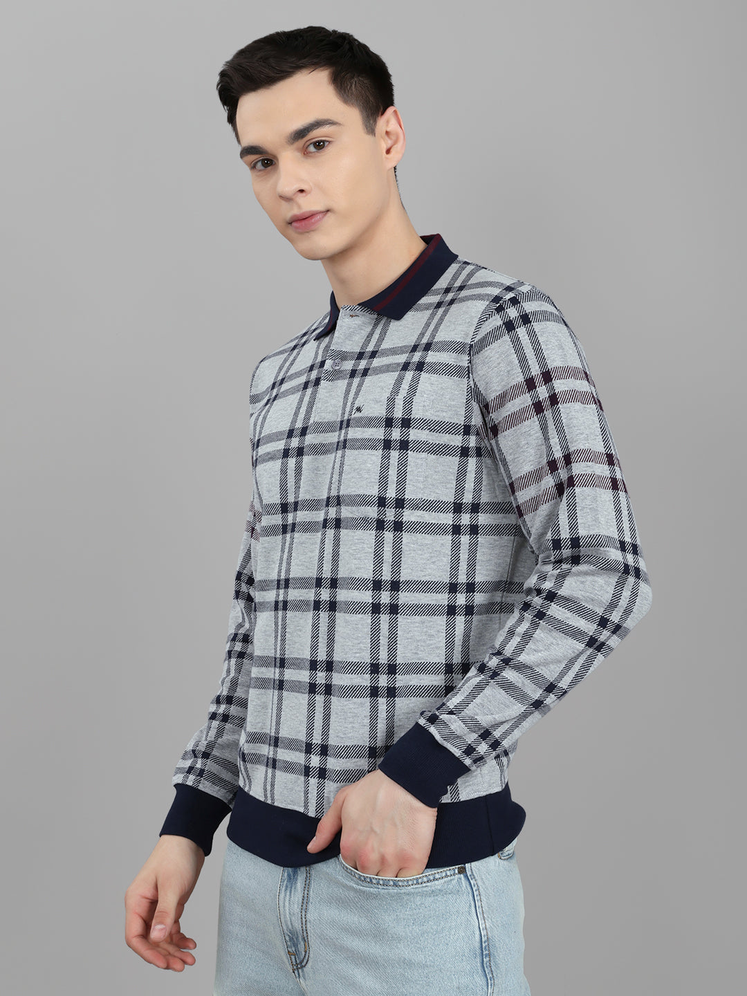 Men Grey Stripe Collar Full Sleeve Winter T-Shirt