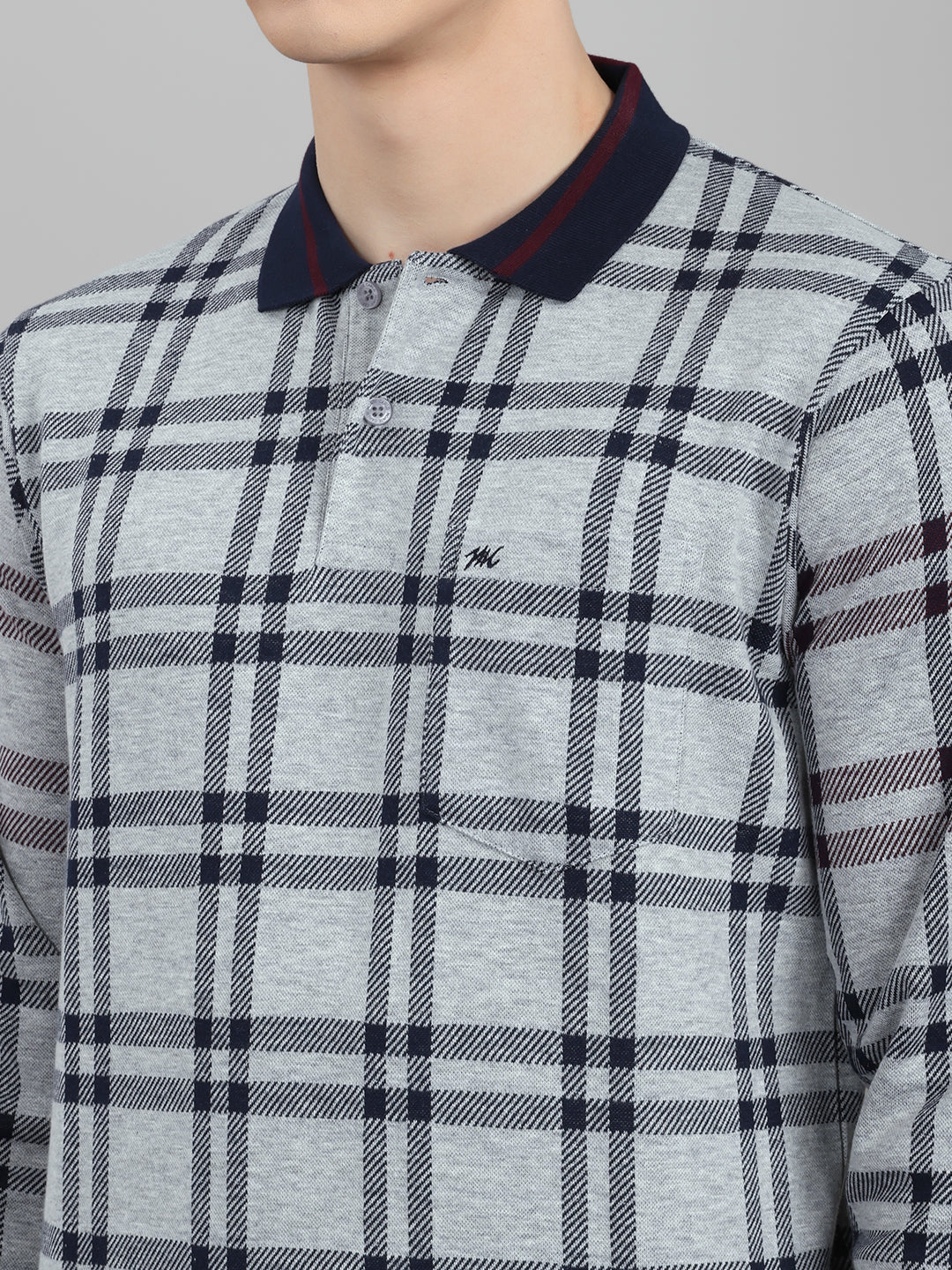 Men Grey Stripe Collar Full Sleeve Winter T-Shirt