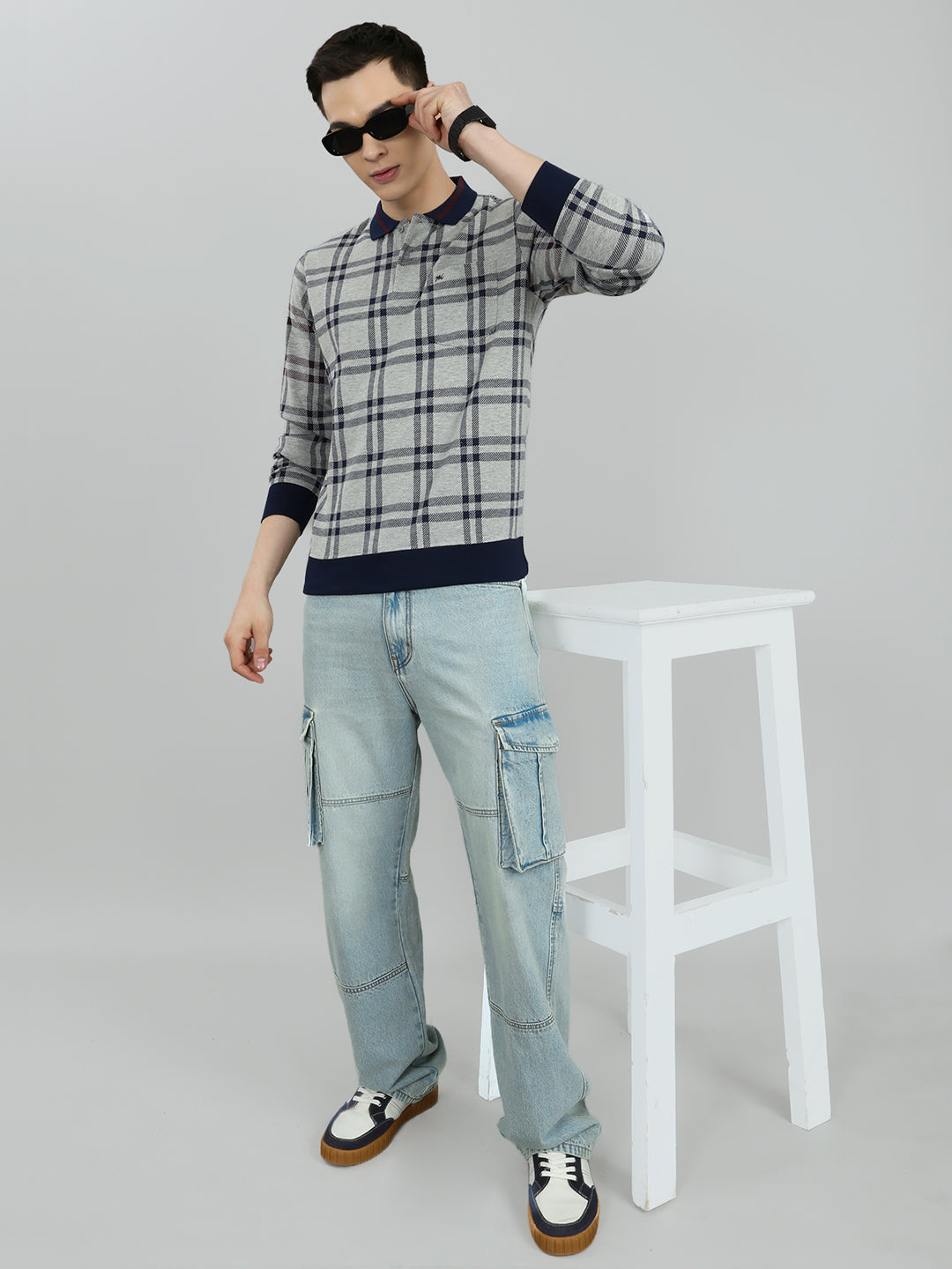 Men Grey Stripe Collar Full Sleeve Winter T-Shirt