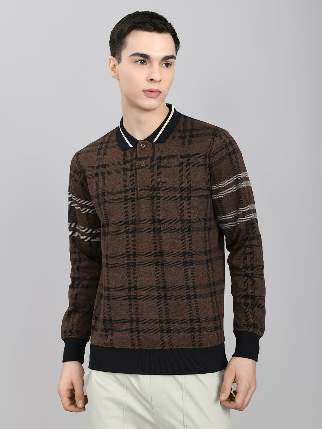 Men Brown Stripe Collar Full Sleeve Winter T-Shirt