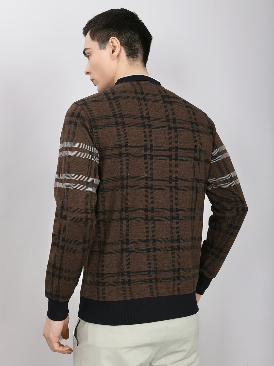 Men Brown Stripe Collar Full Sleeve Winter T-Shirt