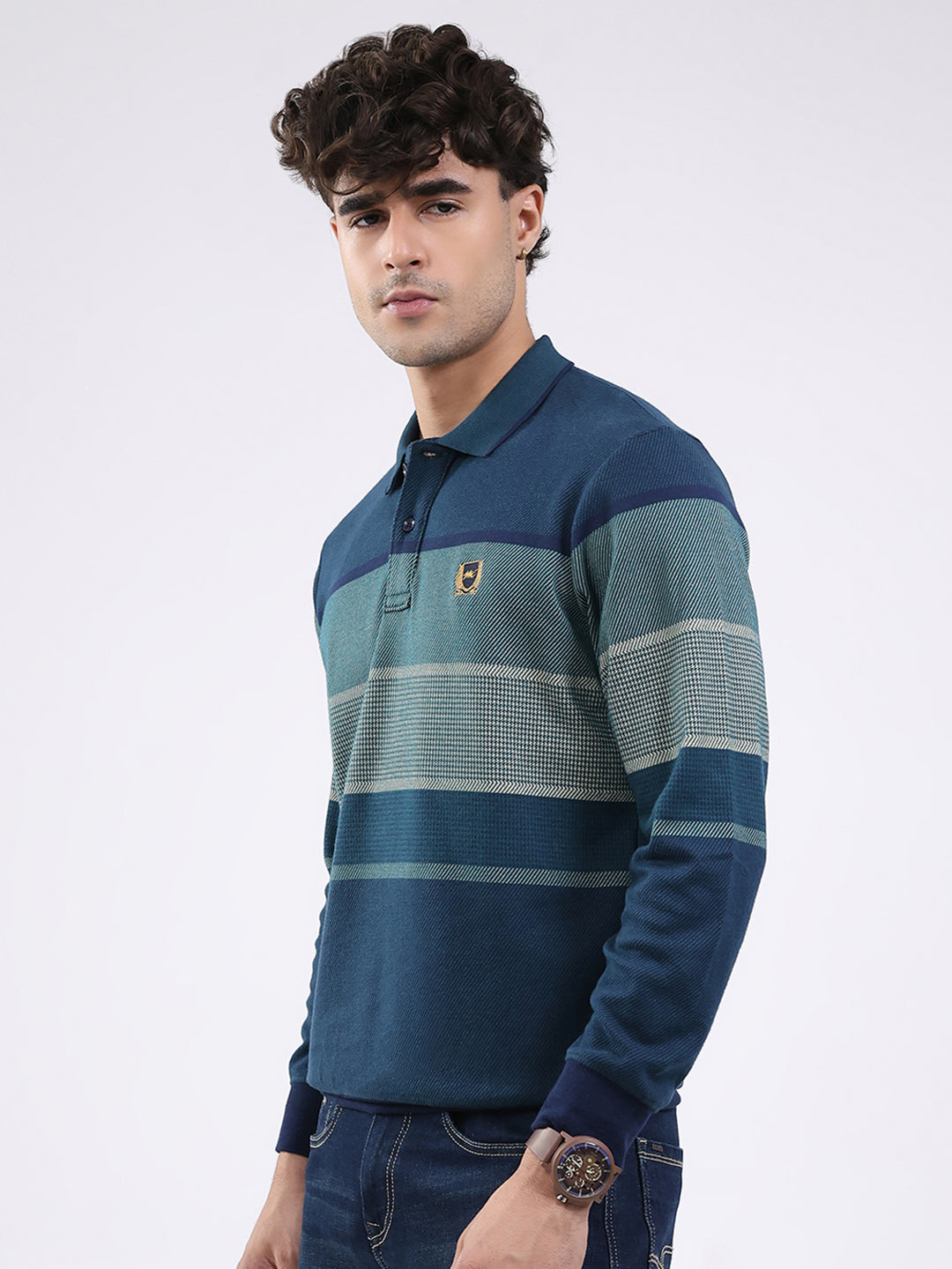 Men Green Solid Collar Full Sleeve Winter T-Shirt