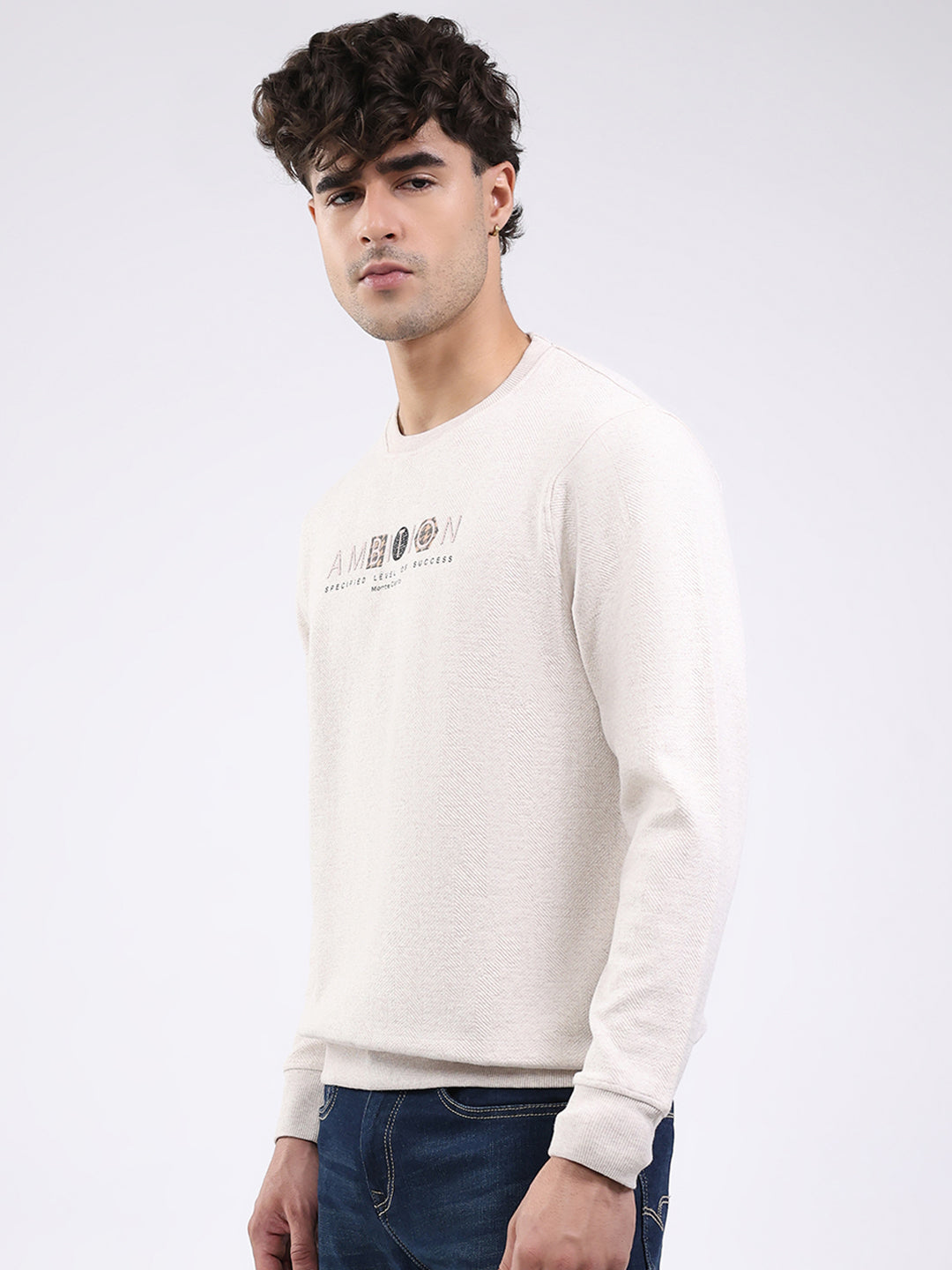 Men Cream Solid Round Neck Full Sleeve Winter T-Shirt