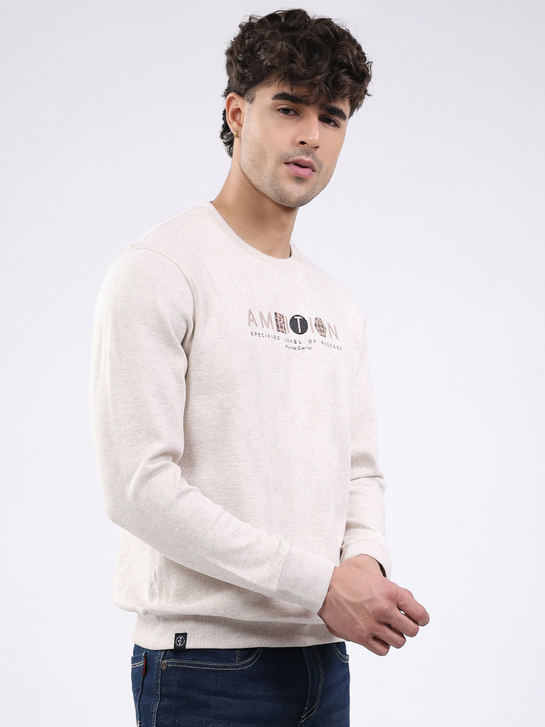 Men Cream Solid Round Neck Full Sleeve Winter T-Shirt