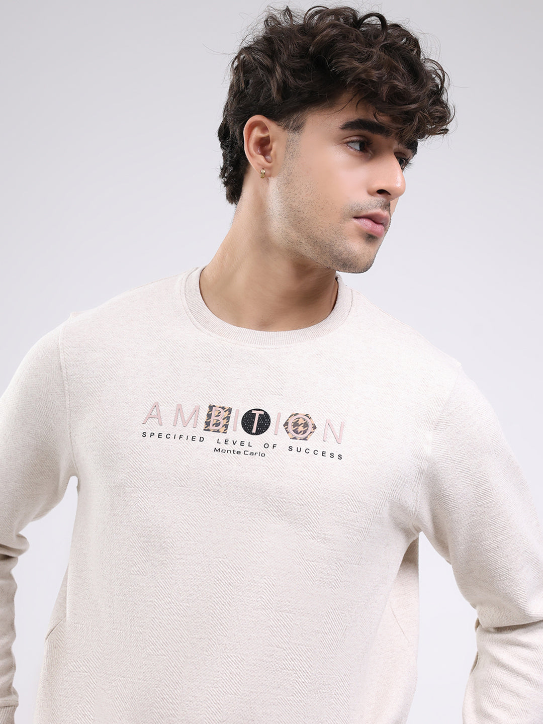 Men Cream Solid Round Neck Full Sleeve Winter T-Shirt