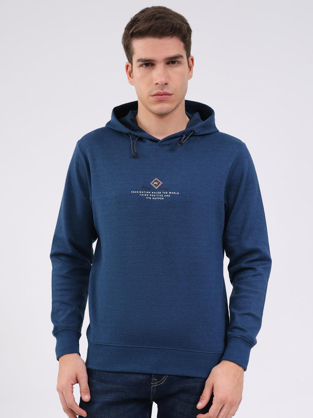 Men Blue Printed Hooded Full Sleeve Winter T-Shirt